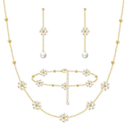 Zeffy Gold Pearl Necklace for Women, Dainty 14K Gold/Silve Plated Layered Pearl Choker Pearl Earrings Pearl Bracelets Wedding Trendy Gold Jewelry Set for Women Gifts - style: Gold Daisy Pearl Necklace&Drop Earrings&Bracelet-3PCS
