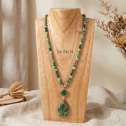 Gmai Boho Necklace for Women Long Beaded Pendant Necklace Natural Stone Teardrop pendant Jewelry Festival Vacation Gift Everyday Handmade Unique Statement Necklace - color: green