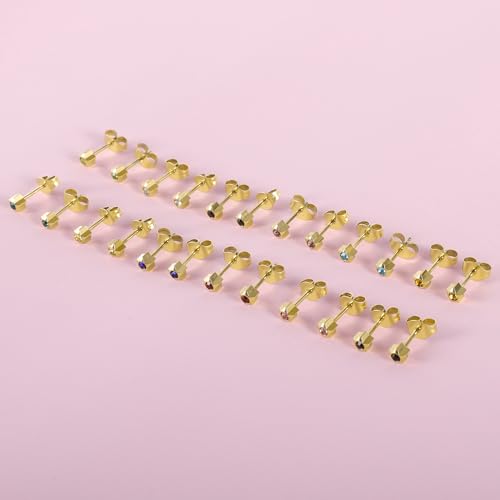 12 Pairs Surgical Stainless Steel Cubic Zirconia Birthstone Stud Earrings Heart Star Round Multicolors Stud Earrings Set for Women - style: Gold star 4mm