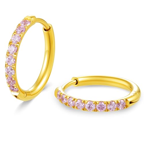 Hypoallergenic Unisex Surgical Steel Small Cubic Zirconia Huggie Hoop Earring, Color Gold - Silver - Rose Gold - Black - Rainbow, Size 6mm- 12mm Safe for Sensitive Ear - style: 12MM Gold Hoops, Pink CZ