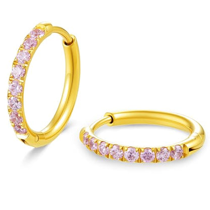 Hypoallergenic Unisex Surgical Steel Small Cubic Zirconia Huggie Hoop Earring, Color Gold - Silver - Rose Gold - Black - Rainbow, Size 6mm- 12mm Safe for Sensitive Ear - style: 12MM Gold Hoops, Pink CZ