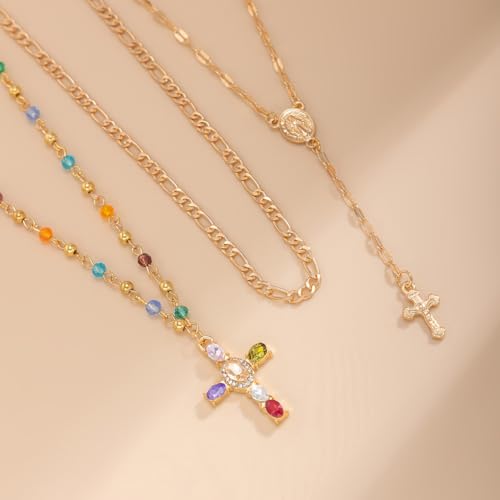 GIGB PBDK Gold Cross Layered Necklaces for Women,Long Colorful Crystal Drop Necklace Unique Big Crucifix Necklace Set,Aesthetic Religious Jewelry Accessories - color: Gold1