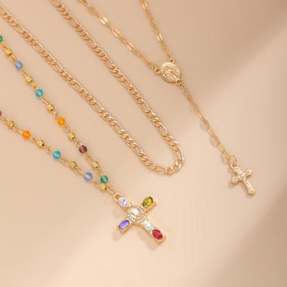 GIGB PBDK Gold Cross Layered Necklaces for Women,Long Colorful Crystal Drop Necklace Unique Big Crucifix Necklace Set,Aesthetic Religious Jewelry Accessories - color: Gold1