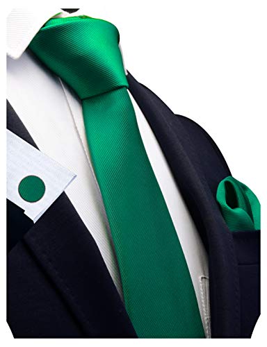 GUSLESON 3.15"（8cm） Solid Color Necktie and Pocket Square Cufflinks Sets For Men + Gift Box - color: Emerald Green