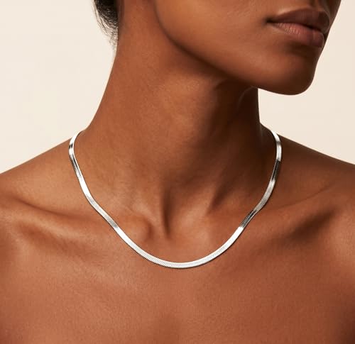 WomenGifts 14K Gold Silver Plated Herringbone Necklace for Women, Dainty Snake Chain Choker, Trendy Simple Long Layered Jewelry Non Tarnish, 3/4/5/8mm,14,16,18,20,22,24,26 Inch Thin & Chunky Options - color: Silver, style: 3mm-16inch