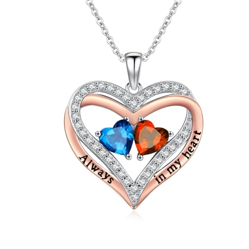 Heart Birthstone Necklace for Women 14K Rose Gold/White Gold Filled Overlapping Double Hearts Pendant Anniversary Valentine's Day Birthday Mother's Day Christmas Gifts for Wife Mom Daughter Her - color: 03-07-Mar-Jul Birthstone-A, style: Double-Layered Lo
