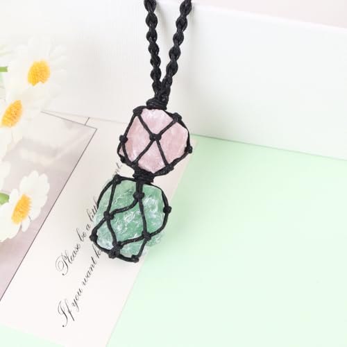 Anjiucc Handmade Crystal Cage Holder with Raw Gemstone Pendant Necklace Natural Stone Healing Crystal Necklace Adjustable Length - color: Green Fluorite+Rose Quartz