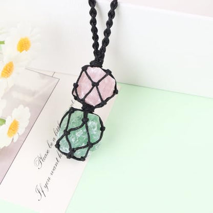Anjiucc Handmade Crystal Cage Holder with Raw Gemstone Pendant Necklace Natural Stone Healing Crystal Necklace Adjustable Length - color: Green Fluorite+Rose Quartz