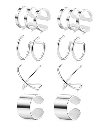 4-10 Pairs Stainless Steel Ear Cuff Helix Cartilage Clip On Wrap Earrings Fake Nose Ring Non-Piercing Adjustable - color: A4: 4 Pairs, Silver Tone