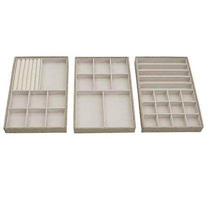 Household Essentials Stackable Jewelry Trays, 3 Varieties, Space for Necklaces, Rings and Earrings, Blended Canvas with Felt Interior, Perfect for Drawers and Closet Shelves, Latte - color: Latte