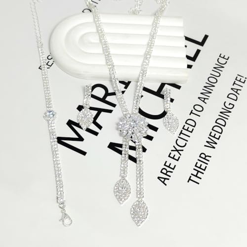 4 Pieces Cubic Zirconia Wedding Jewelry Sets for Bride Rhinestone Bridal Jewelry Set Necklace Bracelet Earring Ring for Brides Bridesmaid for Wedding Party - color: 3 PCS-Silver