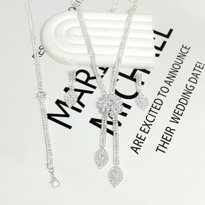 4 Pieces Cubic Zirconia Wedding Jewelry Sets for Bride Rhinestone Bridal Jewelry Set Necklace Bracelet Earring Ring for Brides Bridesmaid for Wedding Party - color: 3 PCS-Silver