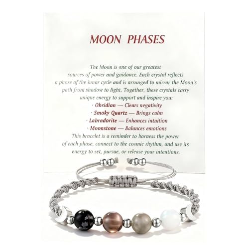 Moon Phase Bracelet for Women, Natural Stone Beaded Bracelet with Crescent Moon Charm, Black Grey White Stretch Bracelets with Message Card, Celestial Jewelry Gift for Women