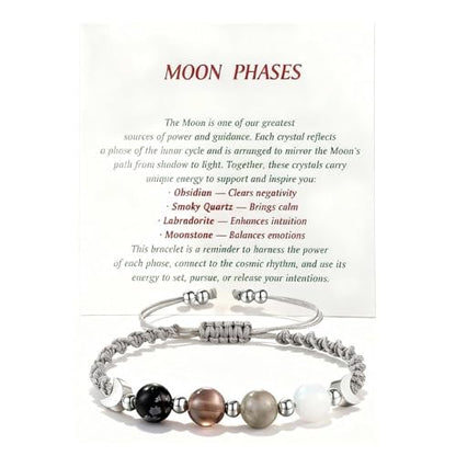 Moon Phase Bracelet for Women, Natural Stone Beaded Bracelet with Crescent Moon Charm, Black Grey White Stretch Bracelets with Message Card, Celestial Jewelry Gift for Women