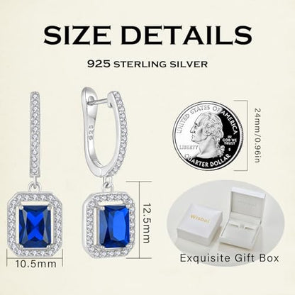 Women's Solitaire Dangle Drop Earrings 925 Sterling Silver Pure Square Huggie Earrings Hoop Dangle Drop Earrings Jewelry Gift - color: 09-sapphire-Sept