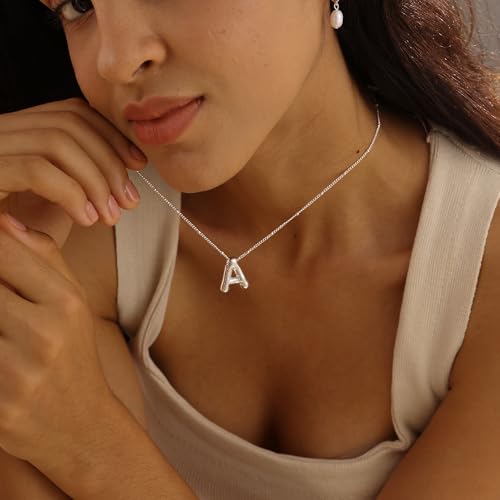 Ewrkbrㅤ Initial Necklaces for Women, 14k Gold Plated Bubble Letter Necklace Chunky Gold Necklace Dainty Charm Initial Necklaces for Women Trendy Custom Preppy Stocking Stuff Necklace Christmas Gifts - color: Silver, style: G