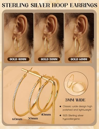 925 Sterling Silver Hoop Earrings for Women Sparkly Cubic Zirconia Large Hoops 18K White Gold Plated Hypoallergenic Lightweight Rhinestone Big Hoop Earrings 40/50MM Silver/Gold - color: 40mm-Gold