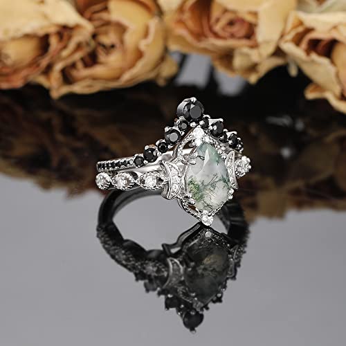 Moss Agate Bridal Wedding Rings Set for Women 925 Sterling Silver | Plated Platinum/Black Gold, Gothic, Vintage, Engagement Promise Ring, Anniversary Valentine Day Birthday Gift for Her - style: Platinum Plating New Moon Halo Ring