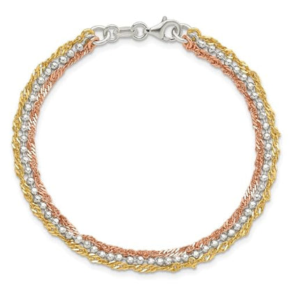 Sterling Silver Gold-tone and Rose Tone 3 Strand Bracelet 7.5"