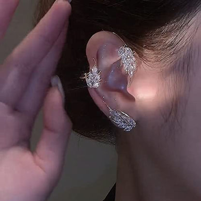 BETHYNAS Glitter Rhinestone Butterfly Flower Ear Cuff Sparkly Non-Pierced Crystal Tassel Fake Earrings Climber Lady Ear Wrap Bridal Party Ear Jewelry for Women and Girls - color: Silver Wheat