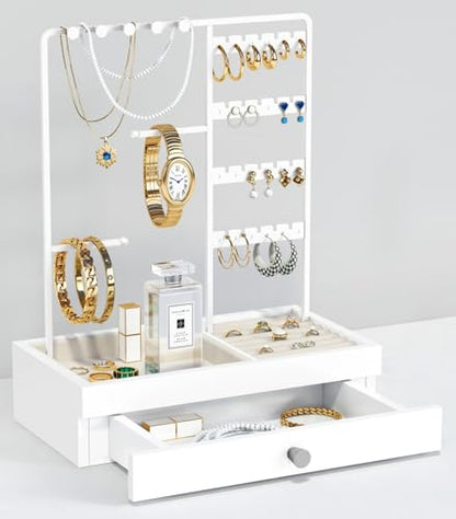 Goozii White Jewelry Organizer Stand Stud Earring Holder, Necklace Display Stand with Drawer, Jewelry Tower Tree for Bracelets Rings, Birthday Valentines Day Gifts for Her Teen Girls Women Wife - color: White