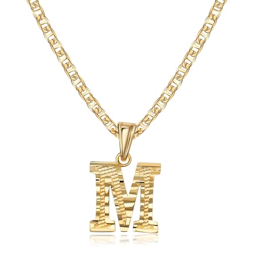 Barzel 18K Gold Plated Initial Necklace with Diamond Cut Initial, Waterproof, High Polish Finish, Made in Brazil - style: M