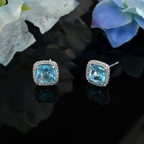 Square Cubic Zirconia Earrings Stud 7mm Birthstone Studs Earrings Hypoallergenic Princess Cut Earrings 925 Sterling Silver Post Studs Earrings for Women - color: aquamarine