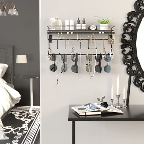 JackCubeDesign Gothic Wall Mounted Jewelry Organizer - Hanging Necklace, Earring, Bracelet Holder with Hooks and Shelf - Goth Room Decor, Iron Jewelry Display Storage Rack for Bedroom & Closet-MK238A
