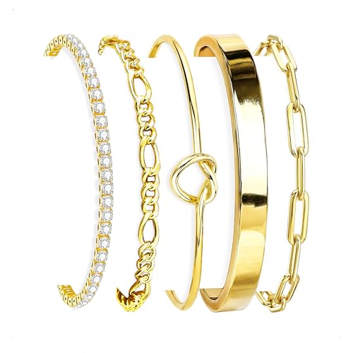 HERIER Gold Bracelets for Women 18k Gold Plated Bracelet Stack Bangle Cuff Bracelet Set for Women Non Tarnish Beaded/Paperclip/Cuban Link Chain Bracelets Jewelry for Women Trendy - style: Bangle Tennis5-Gold