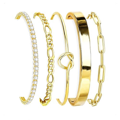 HERIER Gold Bracelets for Women 18k Gold Plated Bracelet Stack Bangle Cuff Bracelet Set for Women Non Tarnish Beaded/Paperclip/Cuban Link Chain Bracelets Jewelry for Women Trendy - style: Bangle Tennis5-Gold