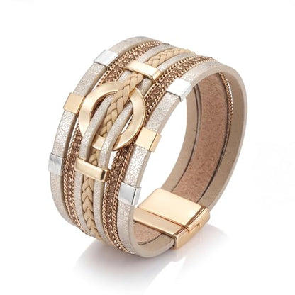 Edoneery Leather Wrap Bracelets for Women, Boho Layered Cuff Bangle | Gold circle, Multi-layer Leather Cuff, Daily wear, Stackable Bangle, Easy on-off, Western Jewelry Gifts for Women - color: Gold-3