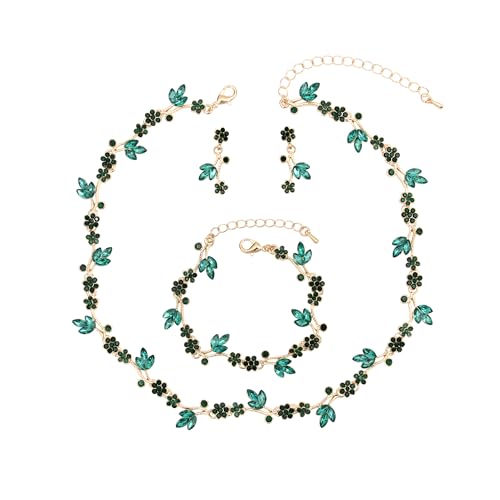 Brides Bridesmaid Flower Leaf Choker Necklace Dangle Earrings Link Bracelet Austrian Crystal Wedding Jewelry Set for Prom Costume Party Accessories for Woman - color: Emerald-Gold Plated
