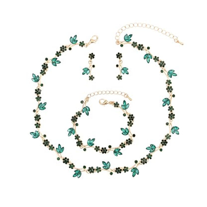 Brides Bridesmaid Flower Leaf Choker Necklace Dangle Earrings Link Bracelet Austrian Crystal Wedding Jewelry Set for Prom Costume Party Accessories for Woman - color: Emerald-Gold Plated