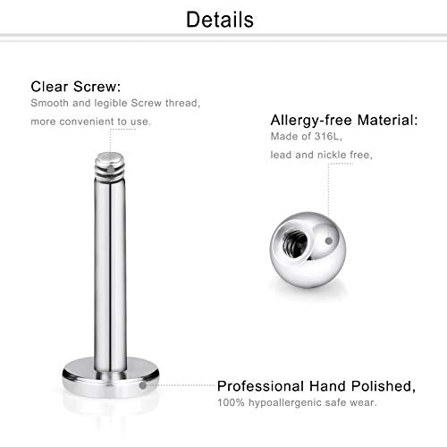 16G Stainless Steel Labret Studs Monroe Lip Rings Retainer Cartilage Tragus Nail Conch Helix Earring Barbell Piercing Jewelry with Clear Diamond CZ for Women Men - color: 12Pcs-8mm-silvertone