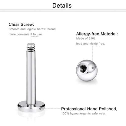 16G Stainless Steel Labret Studs Monroe Lip Rings Retainer Cartilage Tragus Nail Conch Helix Earring Barbell Piercing Jewelry with Clear Diamond CZ for Women Men - color: 12Pcs-8mm-silvertone