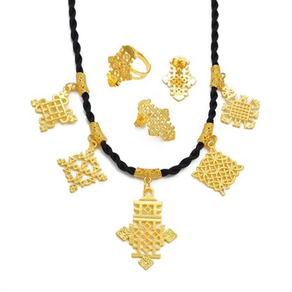 Ethiopian Traditional Jewelry | Eritrean Jewelry for Women Set | Ethiopian African Jewelry Wedding Sets Includes Cross Pendant Black Rope Earrings Ring Sets African Eritrean Religion - color: Gold Color
