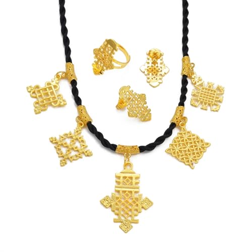 Ethiopian Traditional Jewelry | Eritrean Jewelry for Women Set | Ethiopian African Jewelry Wedding Sets Includes Cross Pendant Black Rope Earrings Ring Sets African Eritrean Religion - color: Gold Color