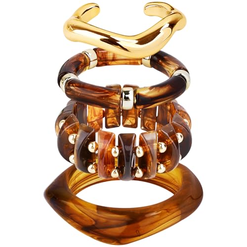 Acrylic Resin Bangle Bracelets for Women | Chunky Boho Stackable Geometric & Marbled Statement Jewelry | Lightweight Everyday Gift Set - color: brown
