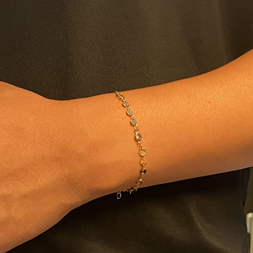 Womens Dainty Gold Chain Bracelet,Simple Layered Chain Bracelets,Beaded Turquoise Bracelet,Charm Crystal Bar,Heart,Karma,Triangle,Pearl Bracelets for Women - color: Gold Disc/CZ