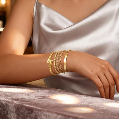 14K Gold Plated Stackable Bangle Bracelets Set for Women | Cuff Bracelet Stackable Bangles Bracelet for Women Trendy Fashion Accessories Tie Knot Cuban Rope Paperclip Beaded Bracelets - color: 5-layer E GD