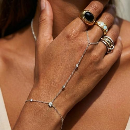 Mchic Hand Chain Tennis Bracelets for Women Trendy: Dainty Diamond Beaded Bracelet 14K Gold Plated/Silver Finger Ring Bracelet Hand Chain Jewelry Adjustable Sparkly Prom Bracelets - color: Rhombic CZ hand chain silver