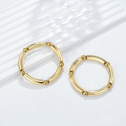 Gold Chunky Bangles Bracelets For Women 14k Gold Plated Stack Layered Curved Bamboo Tube Stretch Bracelets Gift Jewelry - color: 2pcs Gold-8mm