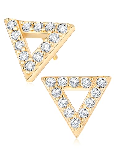 All Moissanites Sparkly Geometric Stud Earrings for Women, Solid 925 Sterling Silver with Rhodium/Gold Plated Hypoallergenic, Lightweight Comfy Earrings - color: Triangle - Yellow Gold