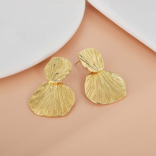 Large Geometric Drop Dangle Earrings for Women Pearl Teardrop Disc Rectangle Oval Fishtail Shell Shaped Textured Dangle Studs Earrings for Women - color: Gold-Shell B