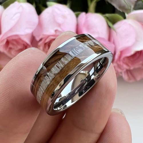 TUTISS 8mm Silver Black Tungsten Rings for Men Women Wedding Bands Whisky Barrel Wood Deer Antler Inlay Flat Polished Shiny Comfort Fit - color: 8mm Tungsten
