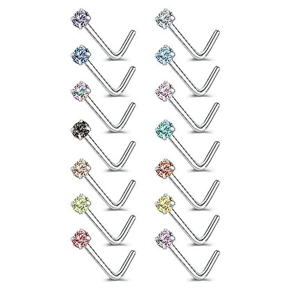 ZS 6-14PCS 20g Tiny Nose Stud Ring Piercing Surgical Steel Nose Bone/L Shaped/Nose Screws Rings Set - color: C:14pcs L Shaped Style(Mixed Color)