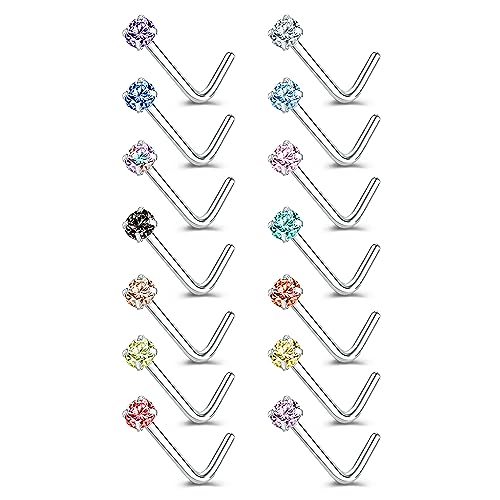 ZS 6-14PCS 20g Tiny Nose Stud Ring Piercing Surgical Steel Nose Bone/L Shaped/Nose Screws Rings Set - color: C:14pcs L Shaped Style(Mixed Color)