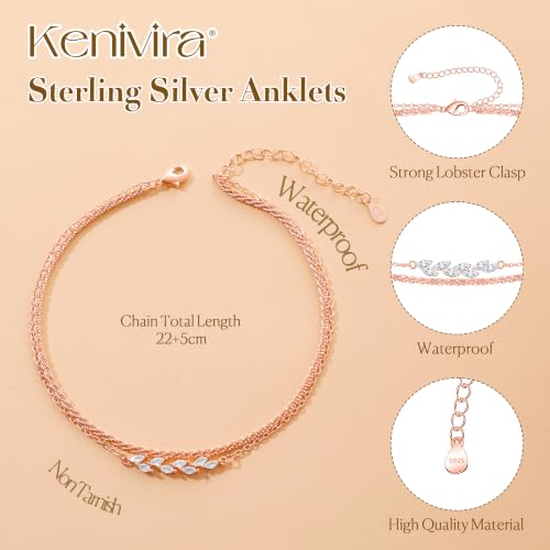Kenivira 925 Sterling Silver Ankle Bracelets For Women Dainty Layered Waterproof 18K Gold Plated Anklets For Women Beach Adjustable Anklet Foot Jewellery - color: rose gold