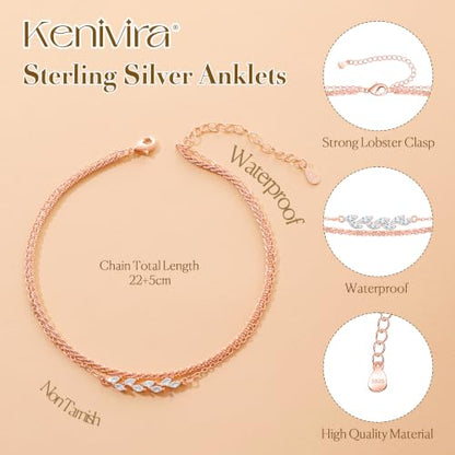 Kenivira 925 Sterling Silver Ankle Bracelets For Women Dainty Layered Waterproof 18K Gold Plated Anklets For Women Beach Adjustable Anklet Foot Jewellery - color: rose gold