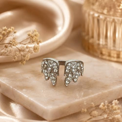 Angel Wing Adjustable Ring Set, Gold Silver Stackable Open Rings with Rhinestone Feather Design, Statement Jewelry for Women Party Daily Wear